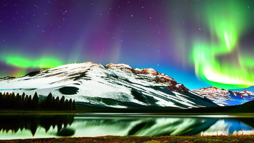 Aurora boreale e montagne riflesse in un lago